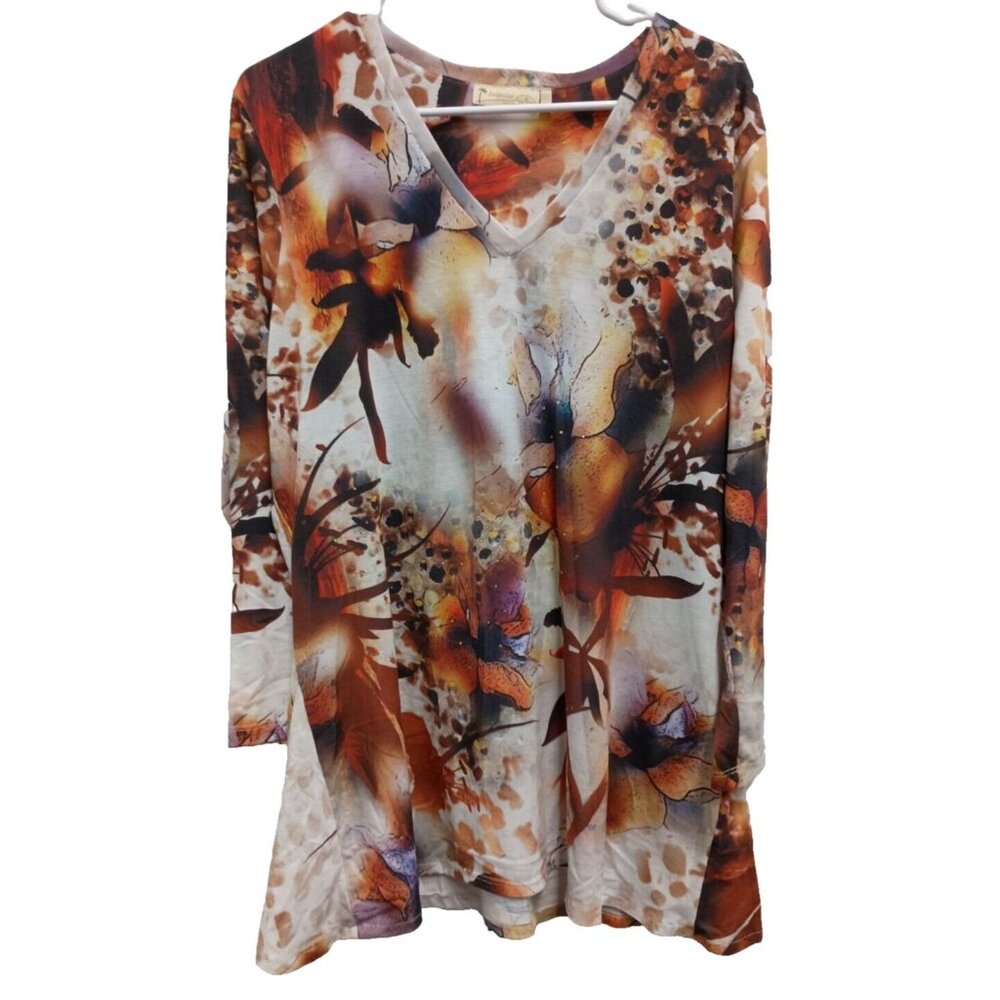 Impulse California Wearable Art Tunic Top Womens Large Floral Embellished Casual